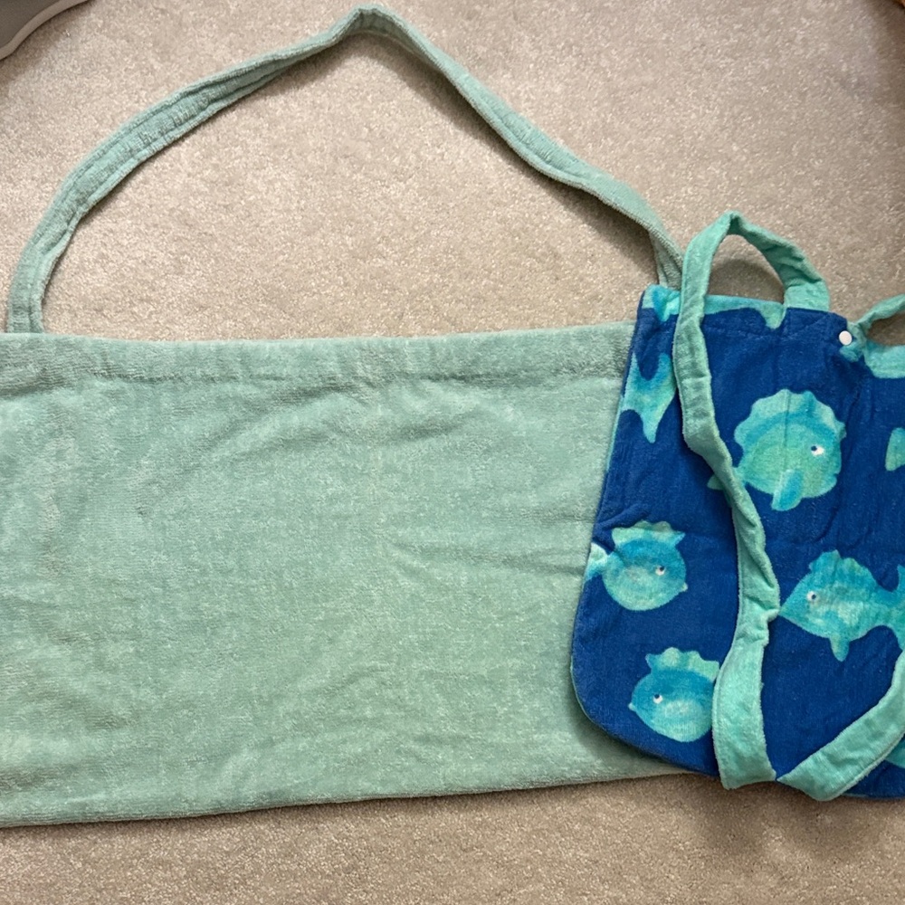 Stylish green terry cloth tote bag and  fish print terry cloth back pack Bag Set